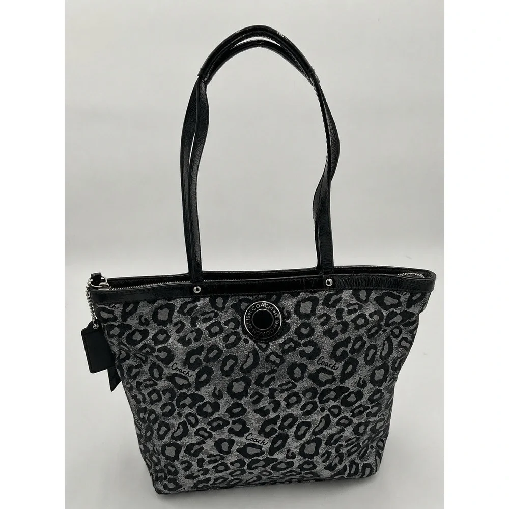 Coach F21061 Metallic Silver Black Gray Ocelot Animal Print Tote Bag Patent Trim